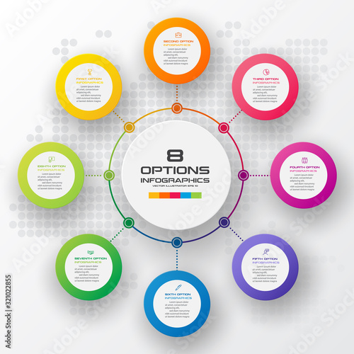Circle chart infographic template with 8 options,Vector illustration.