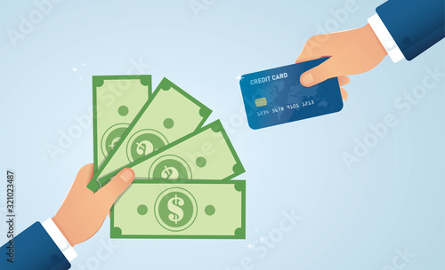 Hands holding credit card and money bills vector illustration EPS10 