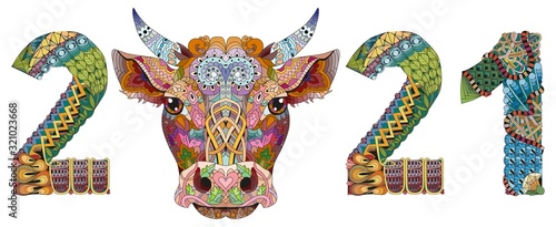 Zentangle stylized bull number 2021. Hand Drawn lace vector illustration