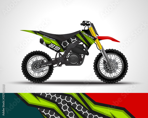 Racing motorcycle wrap decal and vinyl sticker design. Concept graphic abstract background for wrapping vehicles, motorsports, Sportbikes, motocross, supermoto and livery. Vector illustration.