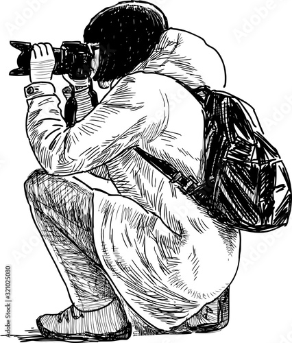 Sketch of photographer girl squatting and taking  picture on her camera