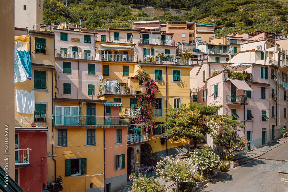 Old houses with colorful facades with warm colors, windows and balconies with suspended laundry and blooming summer shrubs in the traditional Italian village of Riomaggiore, Cinque Terre, La Spezia.