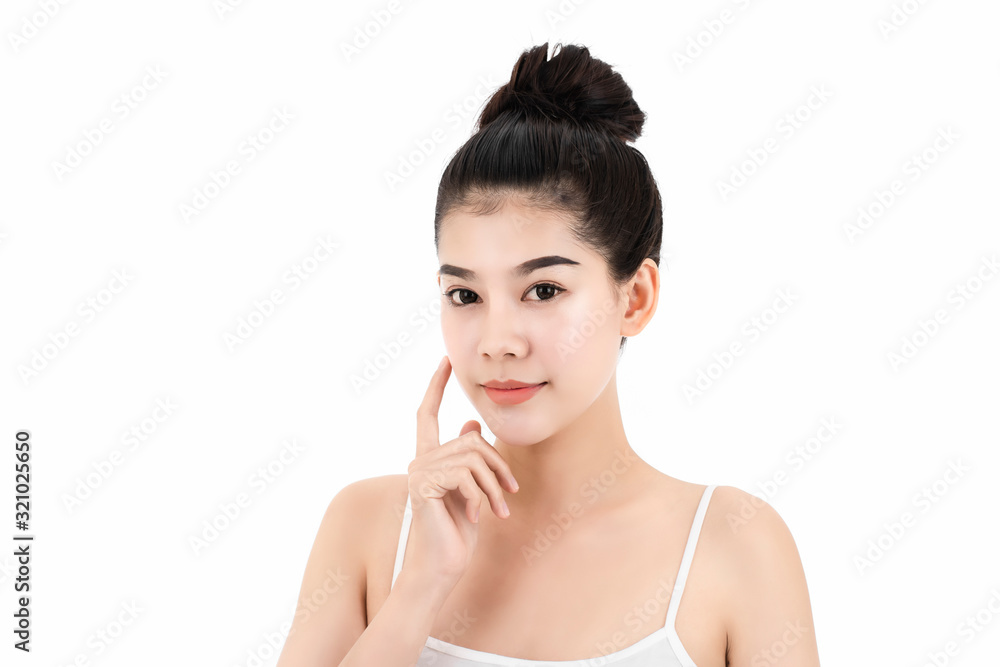 Portrait of attractive asian young woman with beauty skin and face isolated on white background. Healthy skin and face care concept. Portrait of attractive asian young woman with beauty skin and face isolated on white background. Healthy skin and face care concept.