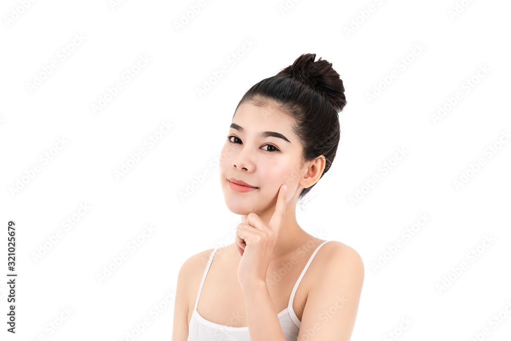 Portrait of attractive asian young woman with beauty skin and face isolated on white background. Healthy skin and face care concept. Portrait of attractive asian young woman with beauty skin and face isolated on white background. Healthy skin and face care concept.