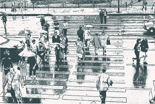 Vector illustration of citizens crossing street at pedestrian zebra crosswalk