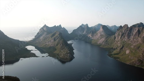 Famous view not far from Reinebringen and Munken view over kjerkfjorden and bunes beach. famous view in lofoten islands in norway photo