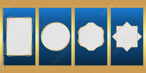 Social network stories template. Golden frames on blue gradient background.