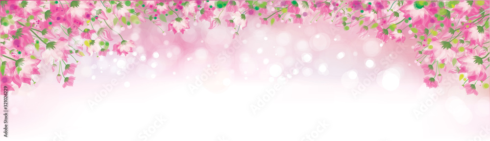 Vector pink floral border on pink bokeh background.