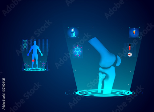 New technology for knee bone injury. Abstract traumatology and orthopedics PRP injection into the knee. Medical, science and technology, the hospital for body joints. Vector illustration