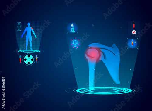 New technology for a shoulder injury. Abstract traumatology and orthopedics PRP injection into the rotator cuff injury. Medical, science and technology, hospital for body joints. Vector illustration
