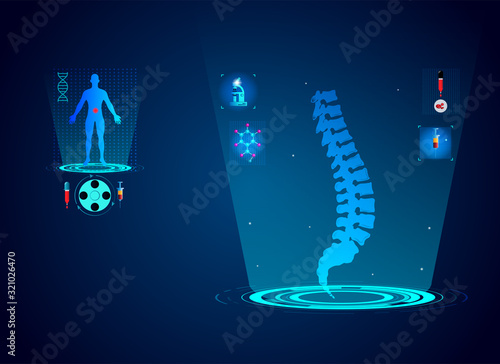 New technology for a spine injury. Abstract traumatology and orthopedics PRP injection into the lumbar spine injury. Medical, science and technology, the hospital for body joints. Vector illustration