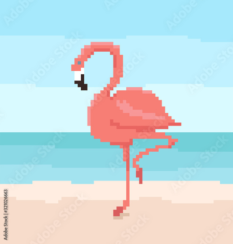 Pixel art flamingo is standing in the water. Sky with clouds on the background. Cute vector illustration.
