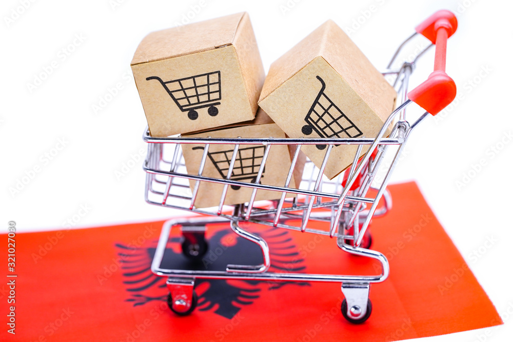 Box with shopping cart logo and Albania flag : Import Export Shopping online or eCommerce finance delivery service store product shipping, trade, supplier concept.