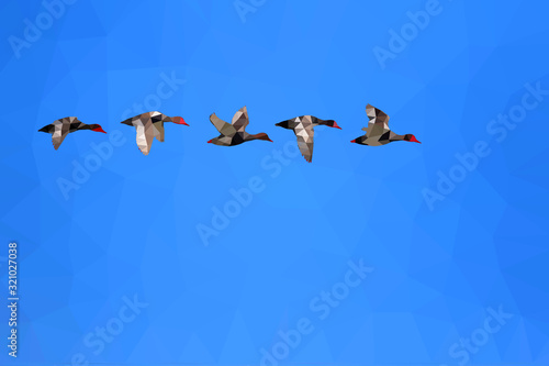 Bird polygonal low poly geometric. Flock flying ducks. Sky background.