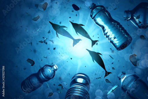 Dolphins swimming in an ocean filled with microplastics and plastic waste. Ocean water pollution concept. 3D illustration.
