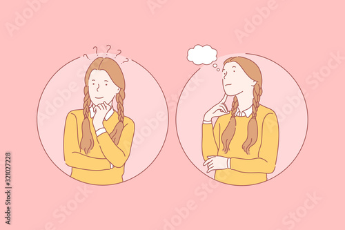 Thinking, pupil, dream set concept. Young pensive girl has question and thinking about problem. Happy thoughtful satisfied kid is dreaming. Smiling child pupil is solving riddle. Simple flat vector.