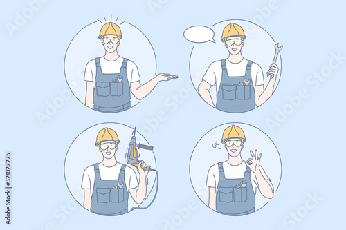 Building, repair, work set concept. Young man builder is holding drill in his hand. Happy guy with helmet shows ok sign. Boy promotes new industrial work project. Male is repairing and holds wrench.
