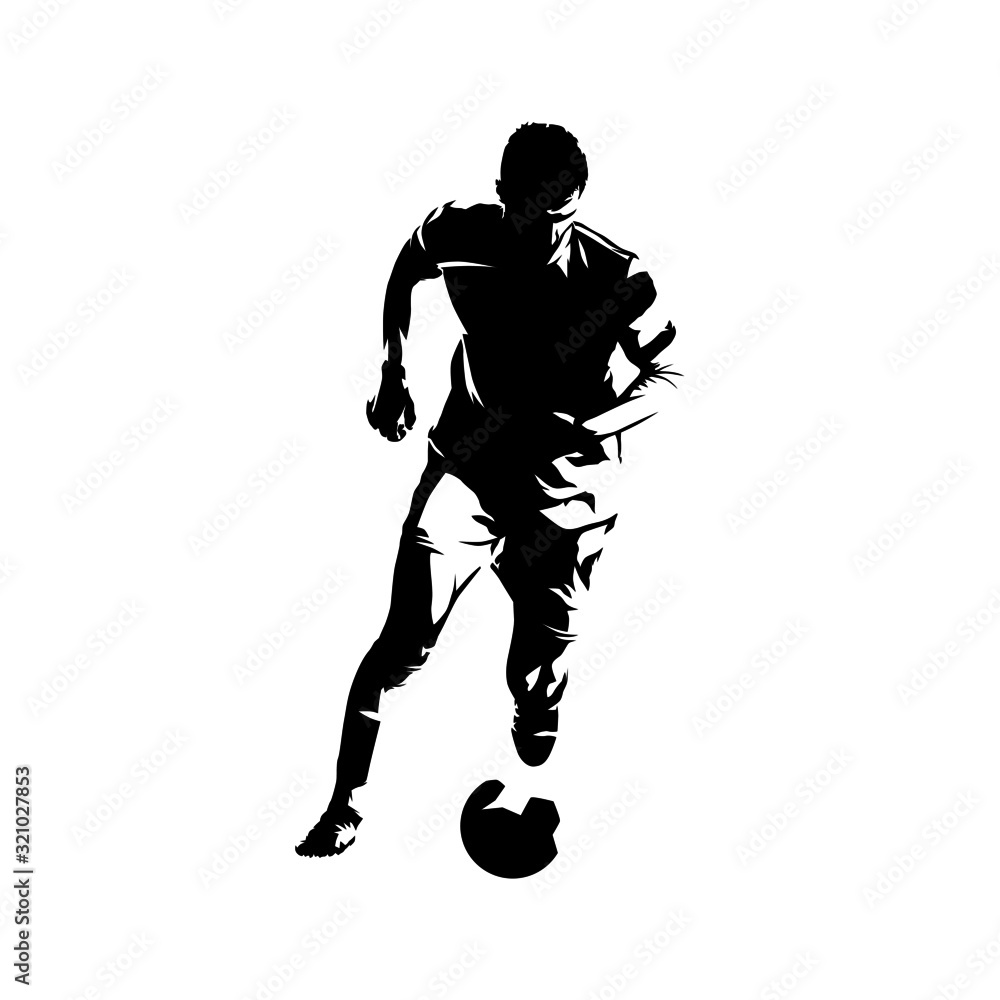 Soccer player running with ball, abstract isolated vector silhouette. Footballer ink drawing, comic style