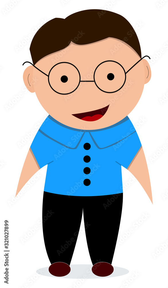 Cartoon illustration of a happy elementary age teenager or boy character with glasses.