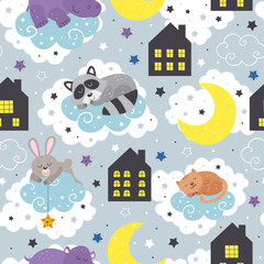 Handdoek met foto Slapende dieren patronen Slapende dieren bij nachtelijke huisjes  © nataka