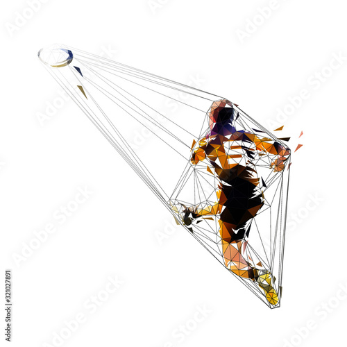 Rugby player kicking ball, low polygonal isolated vector illustration, rear view