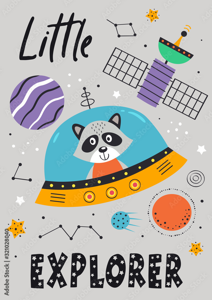 poster with space raccoon in spaceship 
