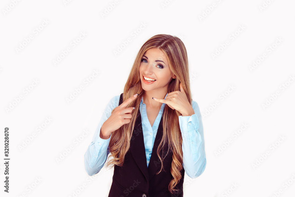 woman making showing call me gesture sign with hand woman making showing call me gesture sign with hand