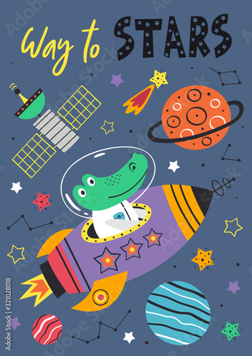 poster with space crocodile in rocket - vector illustration, eps 