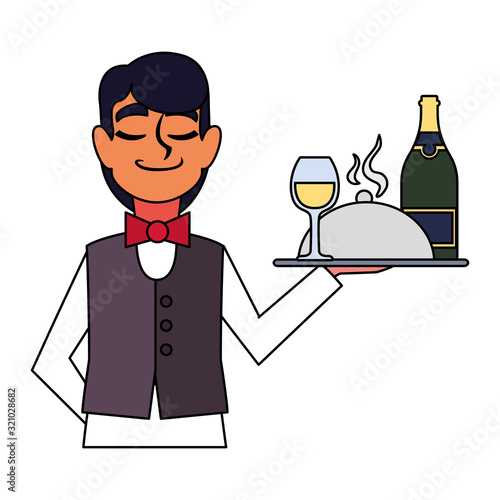 man waiter holding tray with bottle wine on white background