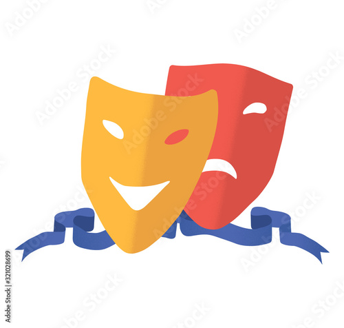 Drama theater symbol on white background. Semi flat vector illustration of masks with happy and sad facial expression. Сomedy and tragedy actors. Theater icon with face and ribbon isolated on white.