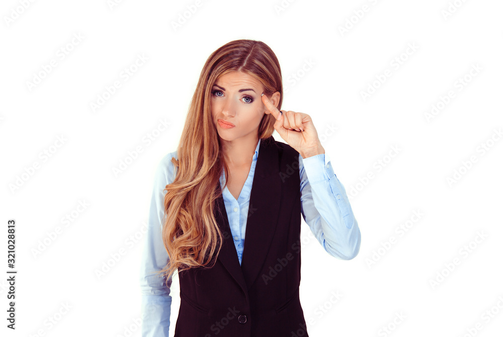 angry mad woman gesturing with her finger against temple asking angry mad woman gesturing with her finger against temple asking