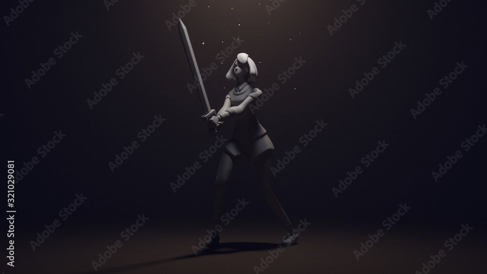 3d digital illustration of a brave girl holding a sword with both hands standing in fighting stance in dark light. Stylized warrior women in casual clothes with medieval sword standing in warlike pose 3d digital illustration of a brave girl holding a sword with both hands standing in fighting stance in dark light. Stylized warrior women in casual clothes with medieval sword standing in warlike pose