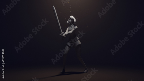 3d digital illustration of a brave girl holding a sword with both hands standing in fighting stance in dark light. Stylized warrior women in casual clothes with medieval sword standing in warlike pose