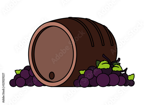 grapes branches and wine barrel on white background