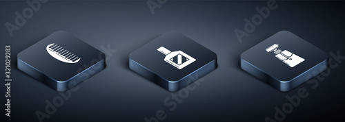 Set Isometric Hairbrush, Cream or lotion cosmetic tube and Aftershave icon. Vector