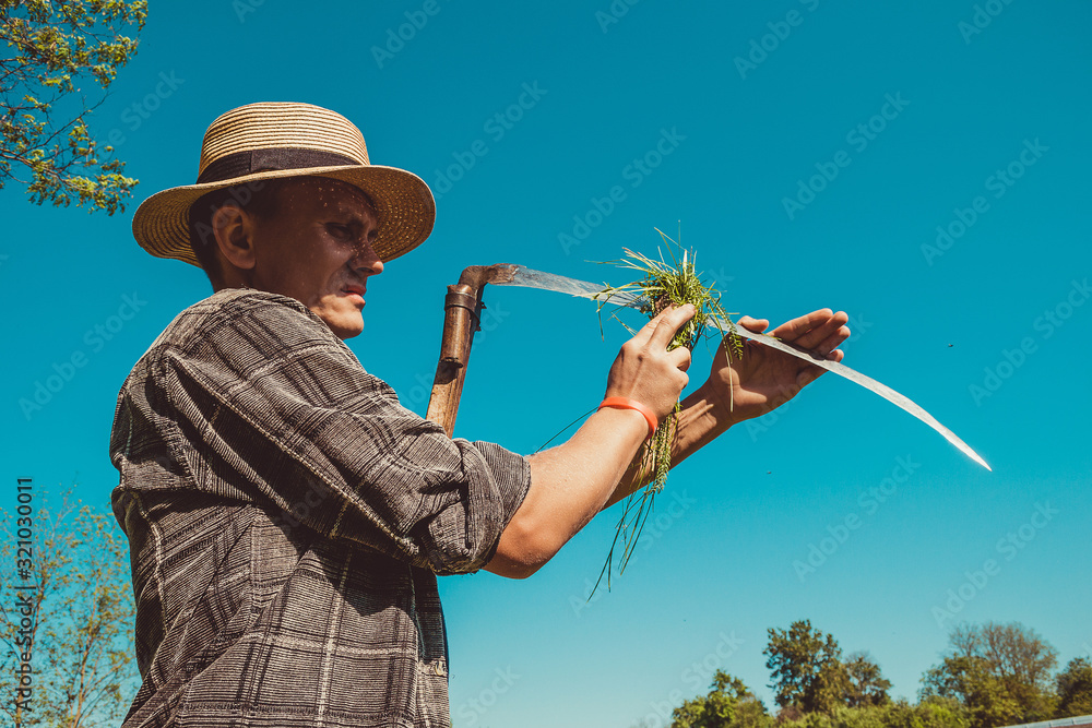 Authentic rural farmer in straw hat clean scythe with grass