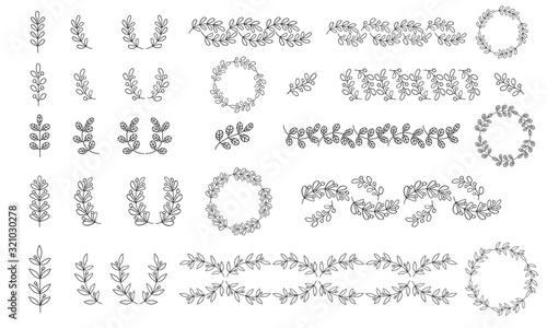 Leaves, twigs and wreaths. Linear hand drawing. Set of vector icons and design elements isolated on white background.