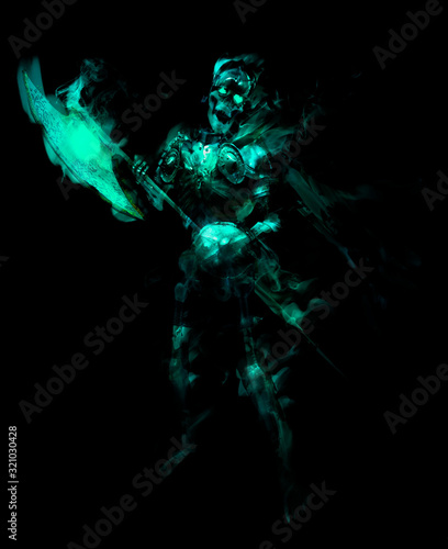 A spooky skeleton Ghost with an axe in his hands, equipped in medieval knight's armor, stands ready with burning eyes and open mouth. 2D illustration.