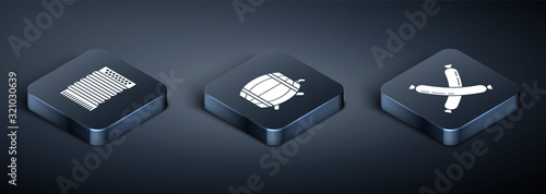 Set Isometric Musical instrument accordion, Crossed sausage and Wooden barrel on rack with stopcock icon. Vector