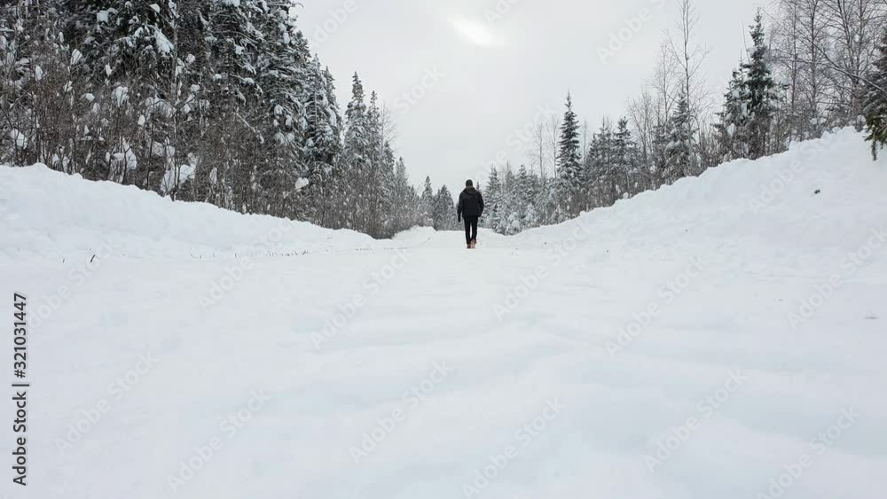 Man seen from behind walking alone on snowy forest path. Slow mo Man seen from behind walking alone on snowy forest path. Slow mo