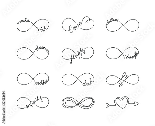 Infinity tattoo set, hand written calligraphy lettering text, print for clothes and logo design, t-shirt, emblem or logo design, continuous line drawing. Isolated vector illustration.