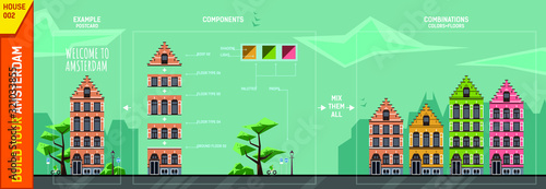 Amsterdam house constructor. Front view. Contains tree, bushes, car, bike rider and color palettes. Use module elements to build your own design of poster, banner, postcard, etc.