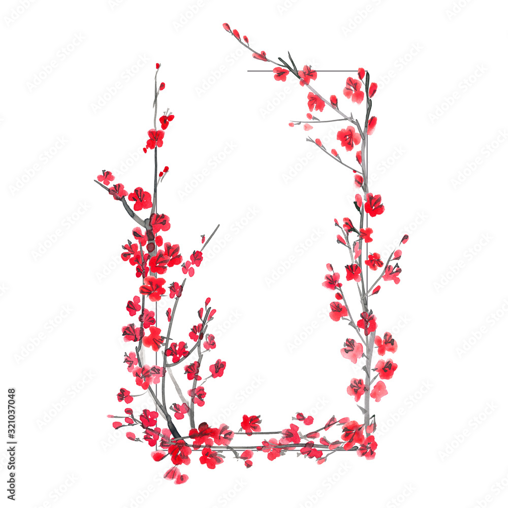 Fototapeta premium hand drawn illustration: floral rectangle frame made of sakura branches. Spring cherry blossom