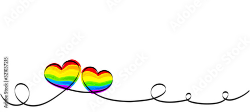 Calligraphy Rainbow Heart Ribbon on White background. LGBT Pride Month. Lesbian, gay, bisexual, transgender love symbols. Two love hearts. Valentines day romantic greeting card with stripes.