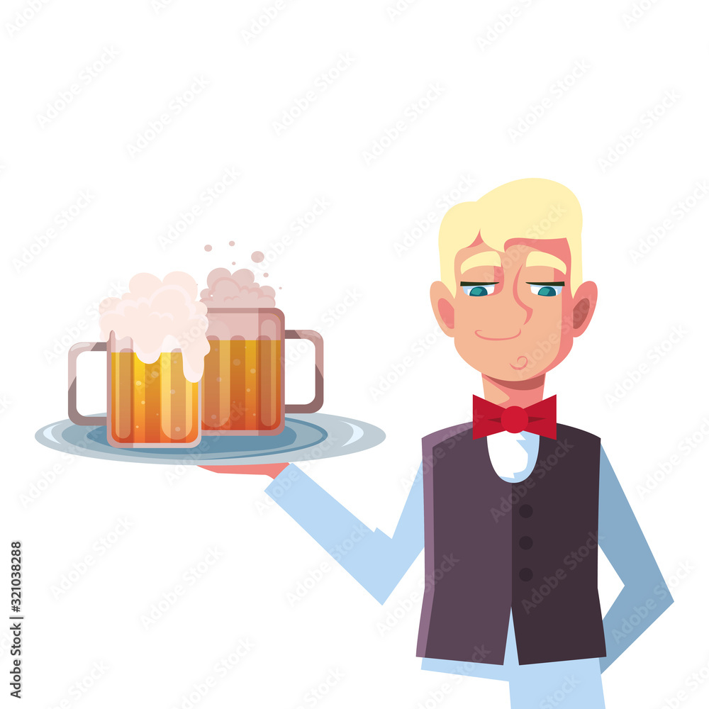 man waiter holding tray beer glasses on white background man waiter holding tray beer glasses on white background
