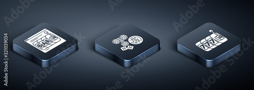 Set Isometric Online slot machine, Slot machine with lucky sevens jackpot and Casino chips, game dice and glass of whiskey with ice cubes icon. Vector