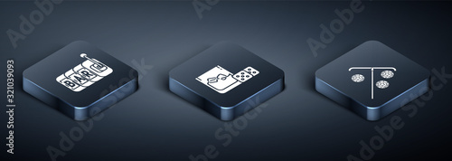 Set Isometric Slot machine, Stick for chips and Game dice and glass of whiskey with ice cubes icon. Vector
