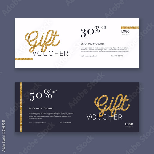 Voucher template with color gift box, certificate. Background design coupon, invitation, currency. Vector illustration.