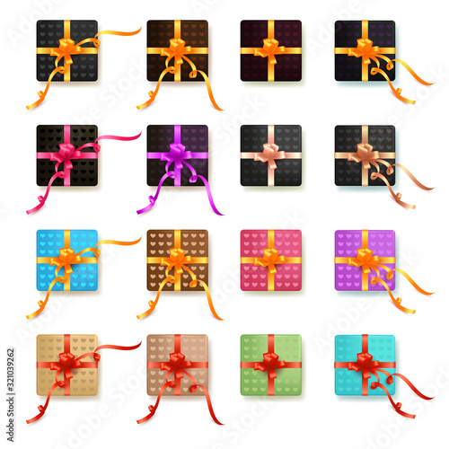 Vector set of realistic colorful gift boxes with bows and ribbons. Collection of gift presents with heart pattern view top.