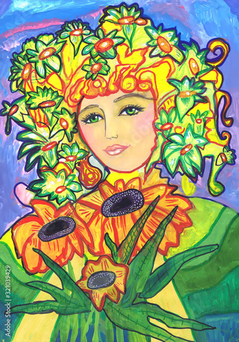 Female autumn portrait. Children s drawing